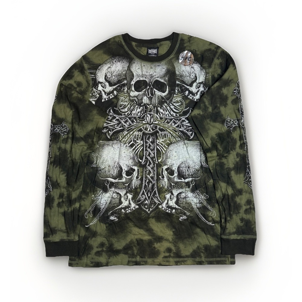 MMA Elite Thermal Long Sleeve Shirt Green Black Skull Cross Grunge Y2K Mens XL